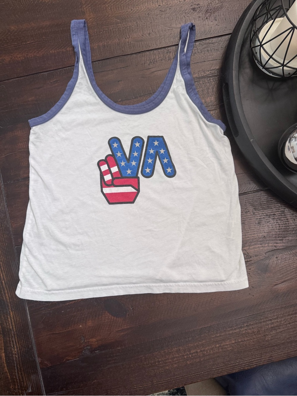 RVCA White Tank with Navy Trim and Star-Pattern Graphic